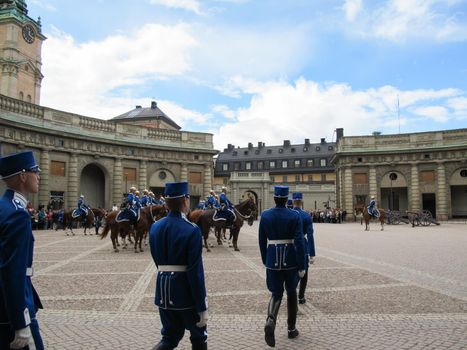 Stockholm/Sweden - May 16 2011: Changing of the guard Ceremony with the participation of the Royal Guard cavalry at the Royal Palace of Stockholm