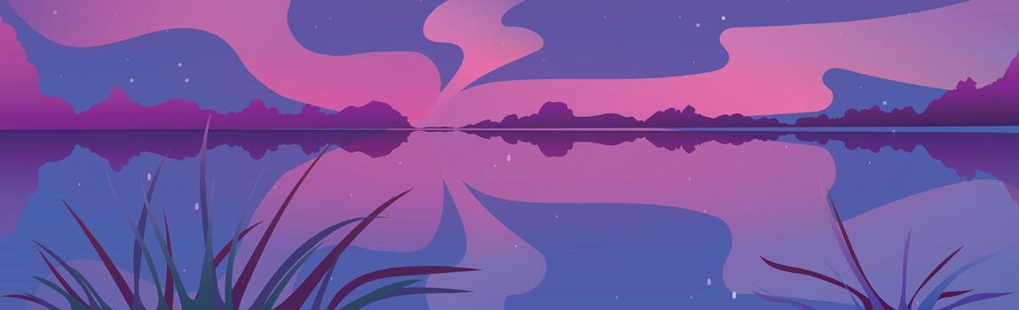 Panoramic evening landscape, wide river with reeds - Vector