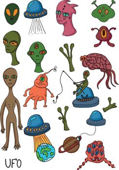 Hand draw aliens and ufo set of vector objects and design elements in monochrome style isolated on white background
