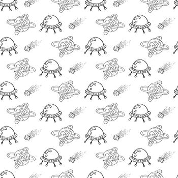 Hand draw aliens and ufo seamless pattern of vector objects and design elements isolated on white background. Baby vector background illustration with space.