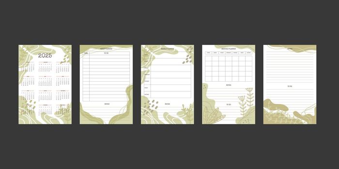 2025 calendar and daily weekly monthly planner collection with trendy hand drawn organic shapes and floral botanical elements in pastel neutral palette