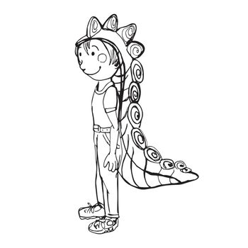 Kid wearing fancy dresses at the costume party. Doodle illustration.