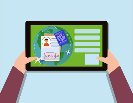 Time to travel banner with passport , Business air trip ipad change. flat Illustration pictogram