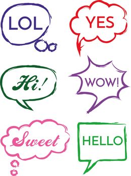 Vector set of speech bubbles in comic style. Hand drawn set of dialog windows with phrases Hi, Hello, Yes, Wow