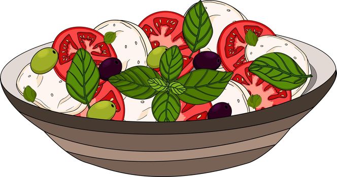 Caprese salad. Mozzarella cheese, tomatoes, olives, capers, basil. Healthy vegetarian mediterranean food concept. Vector hand drawn illustration on white background.