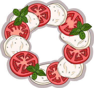 Caprese salad. Mozzarella cheese, tomatoes, olives, capers, basil. Healthy vegetarian mediterranean food concept. Vector hand drawn illustration on white background.