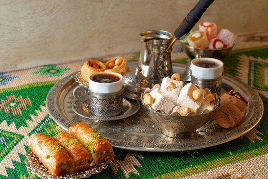 Turkish Coffee served with Turkish Delight on metal tray