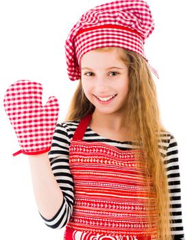 Girl in red apron and baking glove