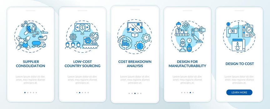 Cost reduction strategies onboarding mobile app page screen with concepts