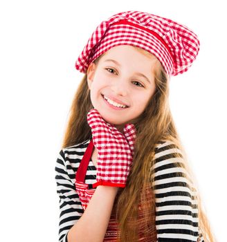 Girl in red apron and baking glove