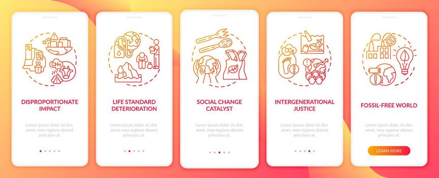 Climate justice categories onboarding mobile app page screen with concepts