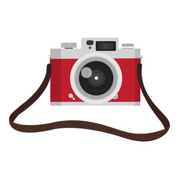 red vintage camera with camera strap