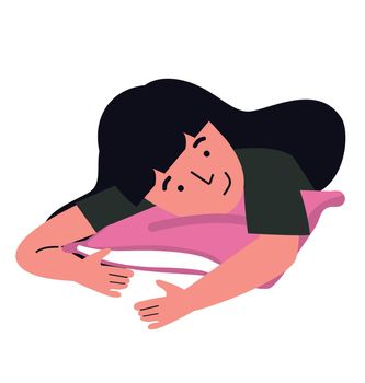 Sleeping woman hugs a pillow flat