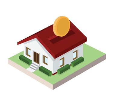 isometric Little house piggy bank with coins 