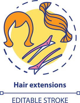 Hair extensions concept icon. Clip in hair tapes, wig and accessories. Hairstyling idea thin line illustration. Hairdresser salon, hairstylist parlor. Vector isolated outline drawing. Editable stroke