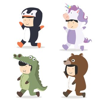 Set of cartoon kid characters in Animals costumes vector