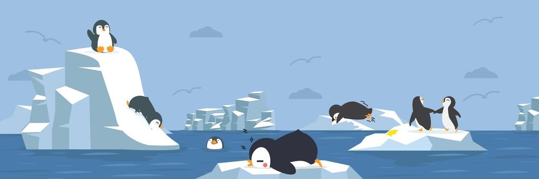 Penguins animals with arctic background cartoon