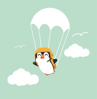 penguin with parachute jump on sky