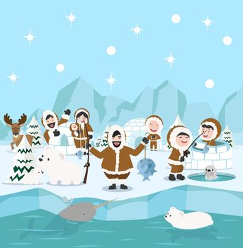 Eskimo family winter north pole arctic concept