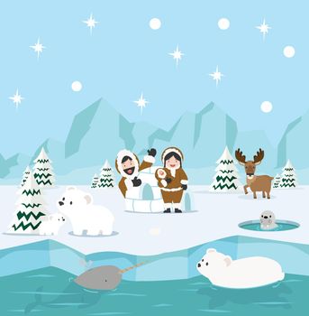 Eskimo family winter north pole arctic background
