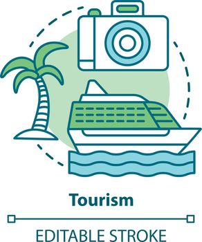 Tourism concept icon. Hospitality industry idea thin line illustration. Journey and travel. Touristic agency service. Trip advisor. Summer holidays. Vector isolated outline drawing. Editable stroke