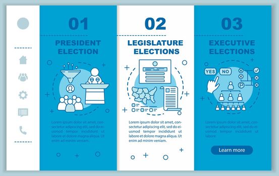 Election onboarding mobile web pages vector template. President, legislature. Responsive smartphone website interface idea with linear illustrations. Webpage walkthrough step screens. Color concept