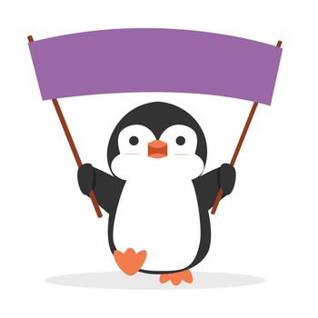 Cute penguin cartoon holding  Banner with Copyspace 
