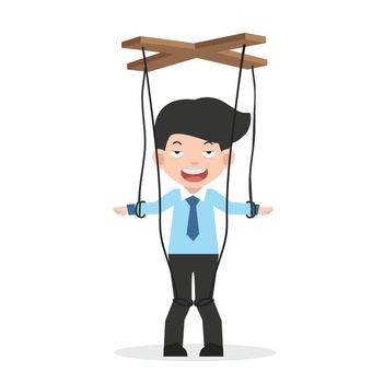 businessman hanging on ropes and controlled 