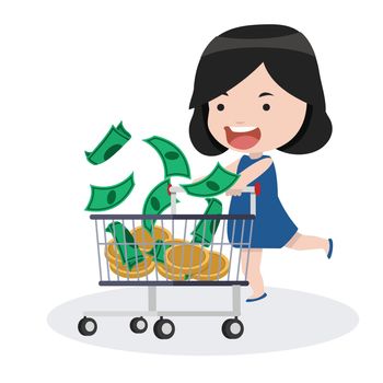 girl with shopping cart with coin and banknote