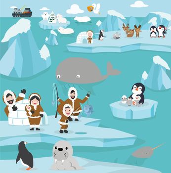 Cute arctic animals  cartoon set background 