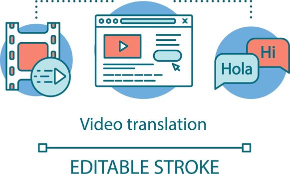 Video translation concept icon. Translation services idea thin line illustration. Movie and media interpretation. Video language learning. Vector isolated outline drawing. Editable stroke