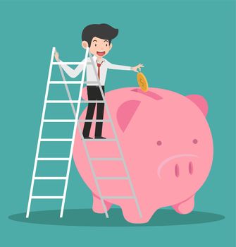 businessman climb up a ladde putting coin a Piggy bank concept