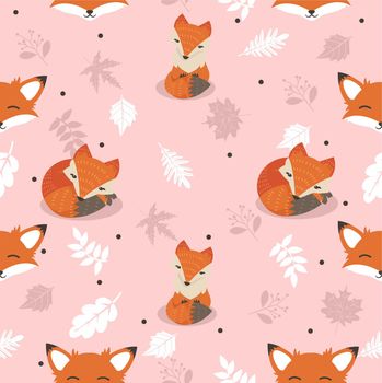 Cute foxes with leaves decoration seamless pattern 