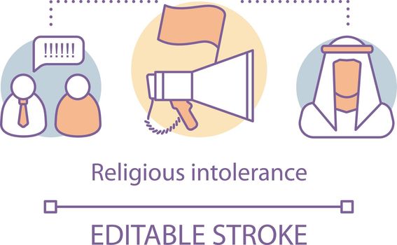 Religious intolerance concept icon. Discrimination thin line illustration. Social prejudice against muslims. Zero tolerance and religious persecution. Vector isolated outline drawing. Editable stroke