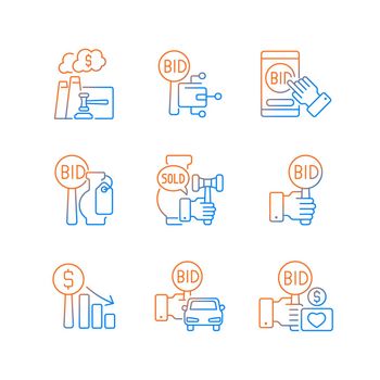 Types of auctions gradient linear vector icons set