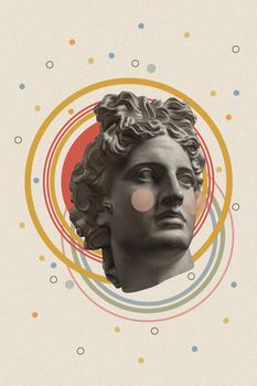 Art collage with antique sculpture of Apollo face and numbers, geometric shapes. Beauty, fashion and health theme. Science, research, discovery, technology concept. Zine culture. Pop art style.
