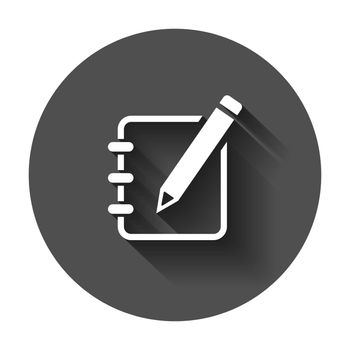 Notepad edit document with pencil icon. Vector illustration with long shadow. Business concept note edit pictogram.