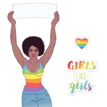 Young African American girl holding banner. Feminist protest concept. LGBT, lesbian woman rights. Vector illustration isolated.