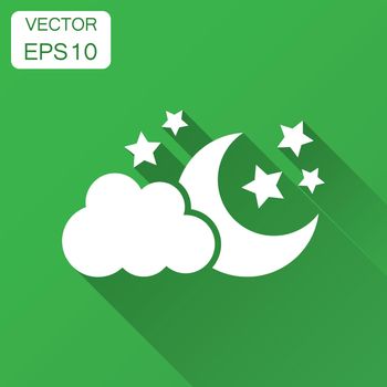 Moon and stars with clods vector icon in flat style. Nighttime illustration with long shadow. Cloud, moon business concept.