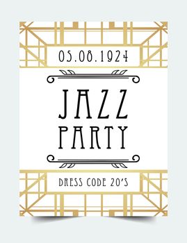 Art Deco vintage invitation template design. patterns and frames. Retro party geometric background set (1920's style). Vector illustration, thematic wedding or jazz party.