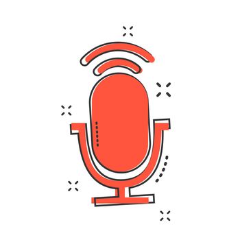 Cartoon microphone icon in comic style. Mic illustration pictogram. Mike sign splash business concept.