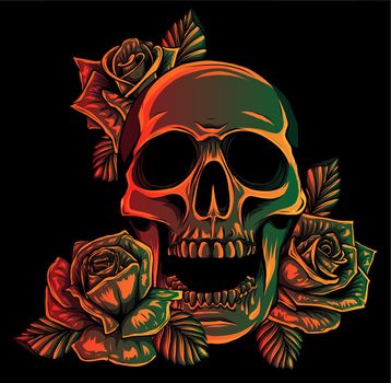 A human skulls with roses on black background vector illustration