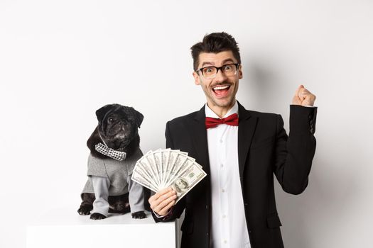 Happy young man in suit earn money with his dog. Guy rejoicing, holding dollars, black pug in costume staring at camera, white background