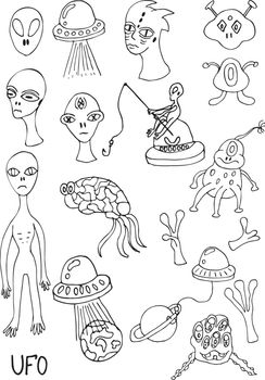 Hand draw aliens and ufo set of vector objects and design elements in monochrome style isolated on white background