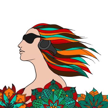 Woman with sunglasses and headphone listen music in flowers. Flower mandala in doodle style. Hand drawn sketch in vector. Perfect for poster, textile, stickers.