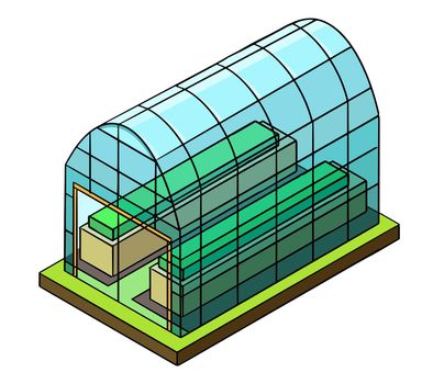 Agricultural isometric composition with farm buildings, greenhouses isolated vector illustration
