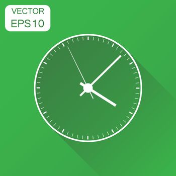 Clock icon. Business concept office alarm clock pictogram. Vector illustration on green background with long shadow.
