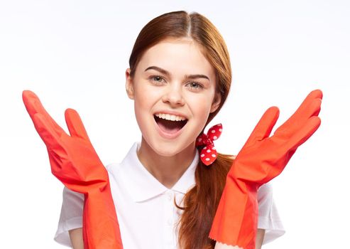 cheerful woman in red rubber gloves gesture with hands cleaning housework