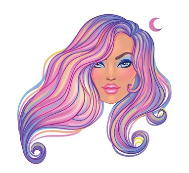 Beautiful woman with long wavy purple dyed hair flowing in the wind. Hair salon concept. vector illustration isolated. Portrait of a young Caucasian woman.