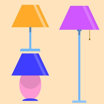 Lamps furniture set light electric. Electricity table lamps decoration modern, classic bright bulb. Energy interior equipment lantern sign. Flat design, vector illustration